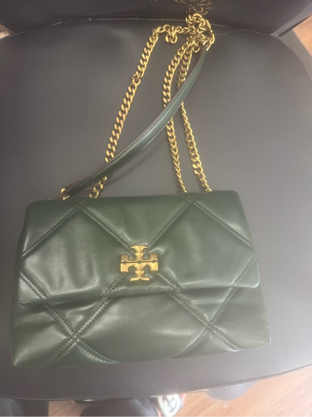 Tory Burch Dark Green Quilted Leather Crossbody with Gold Hardware
